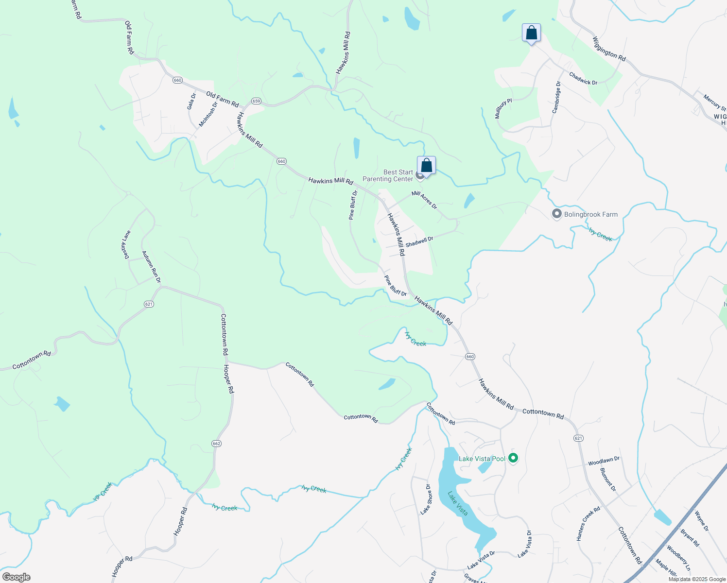 map of restaurants, bars, coffee shops, grocery stores, and more near 1609 Silver Creek Drive in Lynchburg