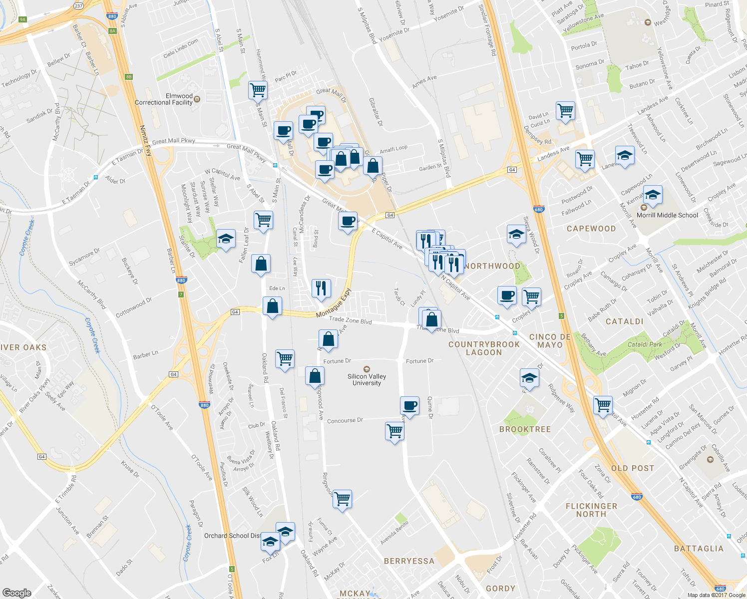 map of restaurants, bars, coffee shops, grocery stores, and more near 1890 Trento Loop in Milpitas