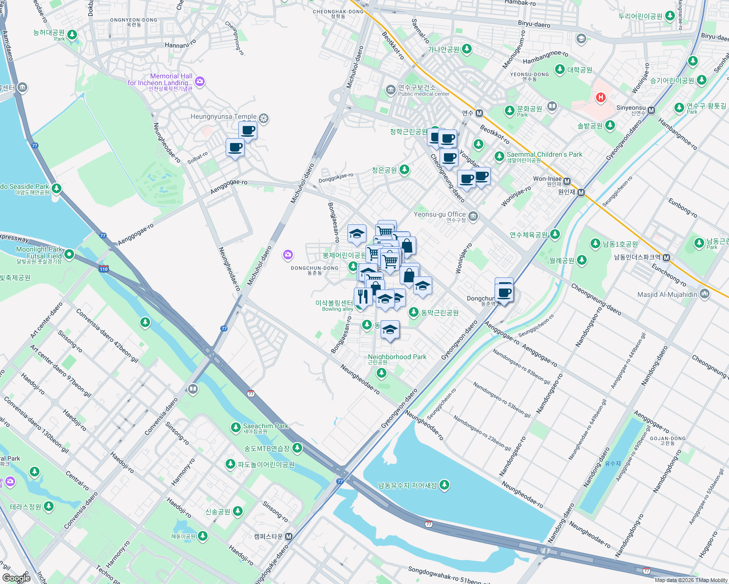 map of restaurants, bars, coffee shops, grocery stores, and more near in Incheon