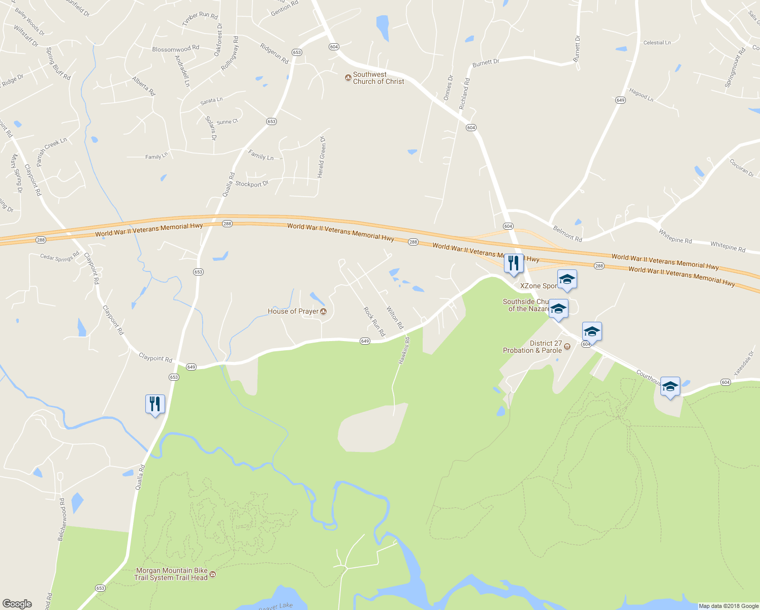 map of restaurants, bars, coffee shops, grocery stores, and more near 6600 Wilton Road in Chesterfield