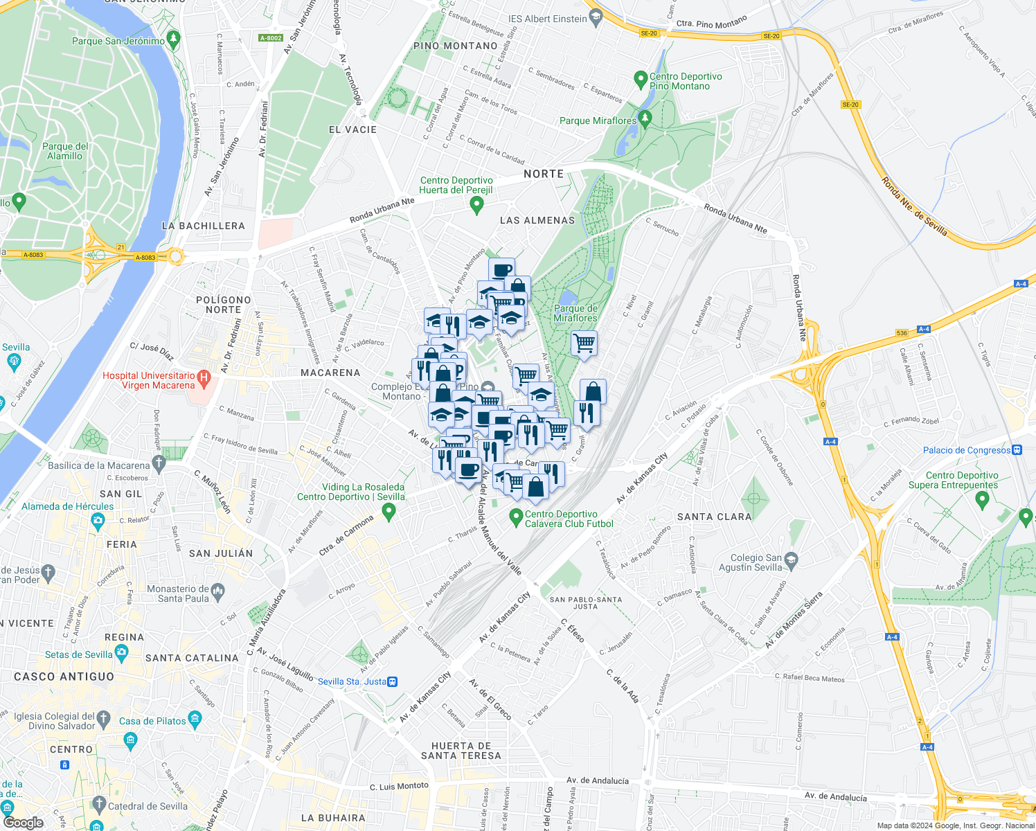 map of restaurants, bars, coffee shops, grocery stores, and more near 19 Calle las Naciones in Sevilla