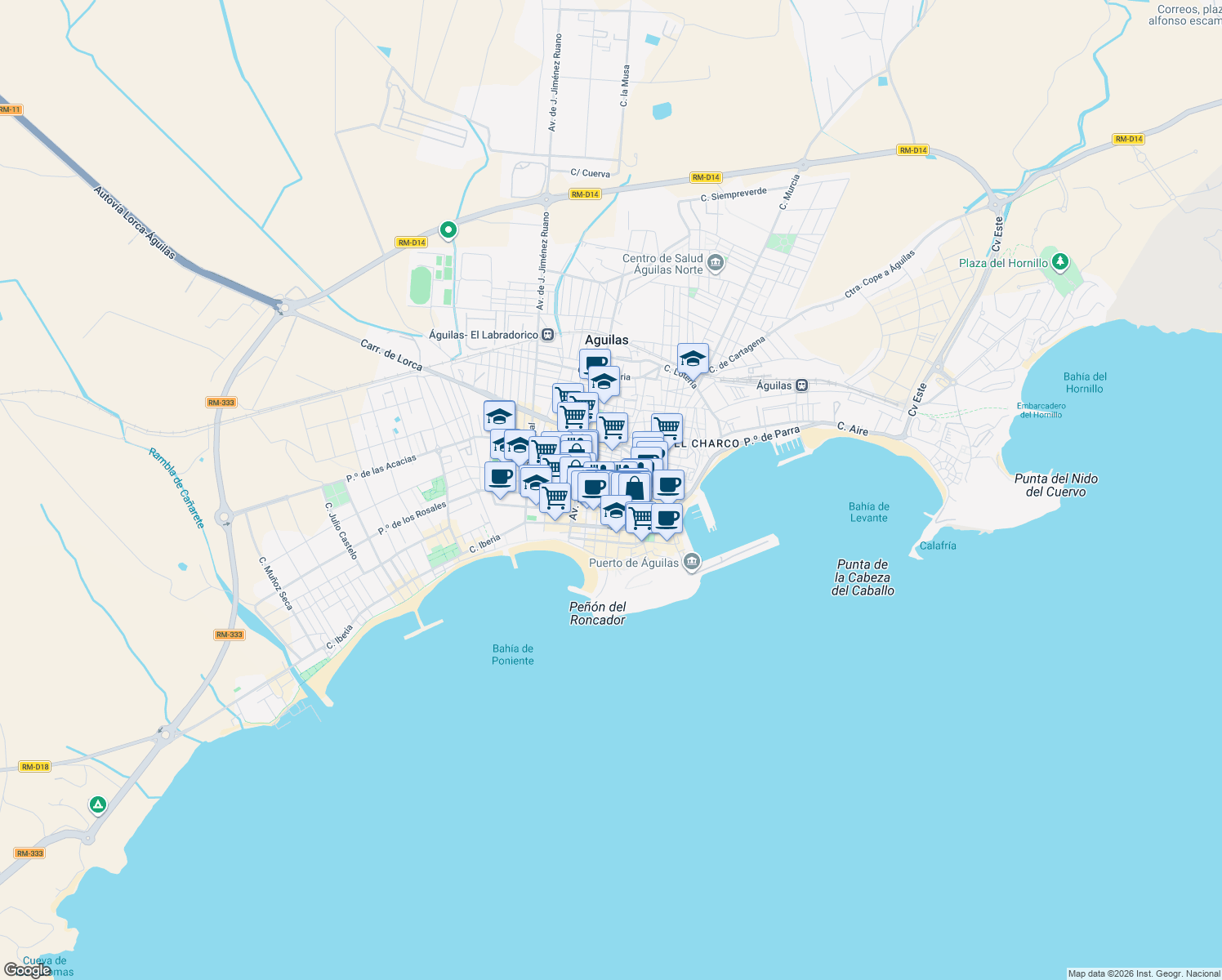 map of restaurants, bars, coffee shops, grocery stores, and more near 8 Calle Venus in Águilas