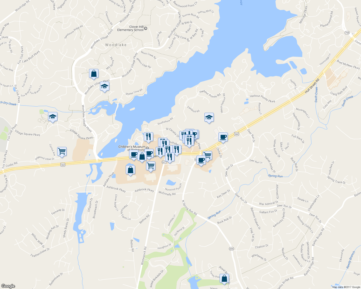 map of restaurants, bars, coffee shops, grocery stores, and more near 6707 Southshore Drive in Midlothian