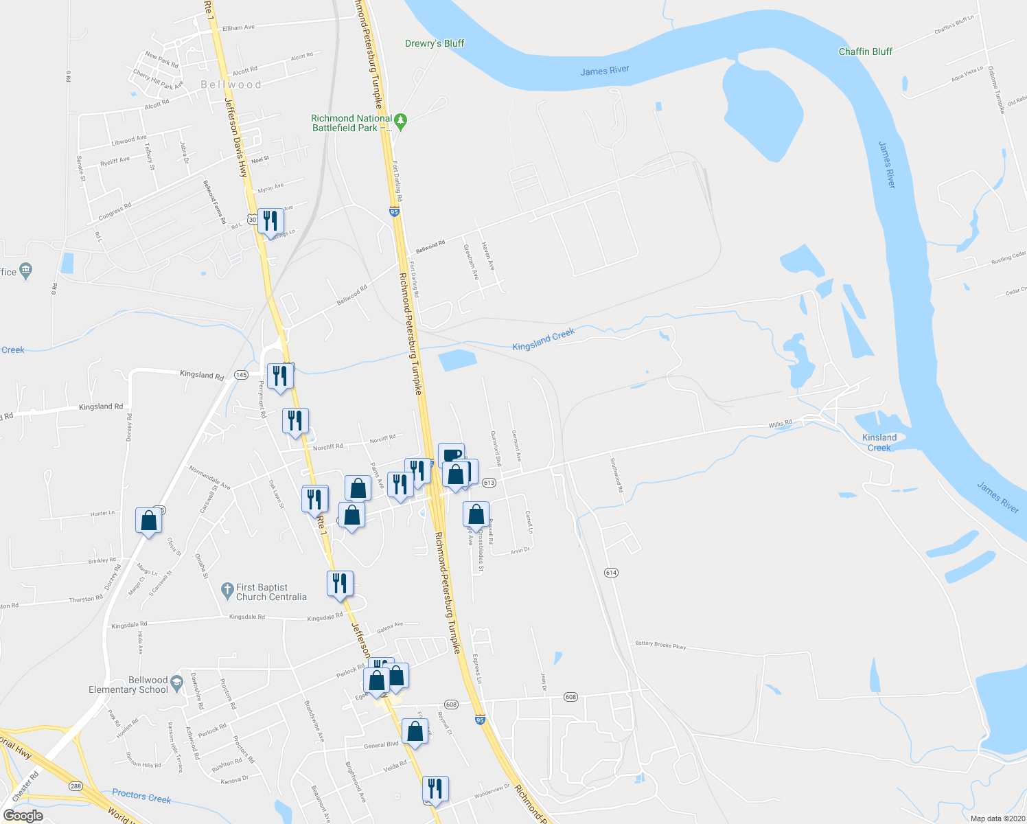 map of restaurants, bars, coffee shops, grocery stores, and more near 8937 Germont Avenue in Richmond