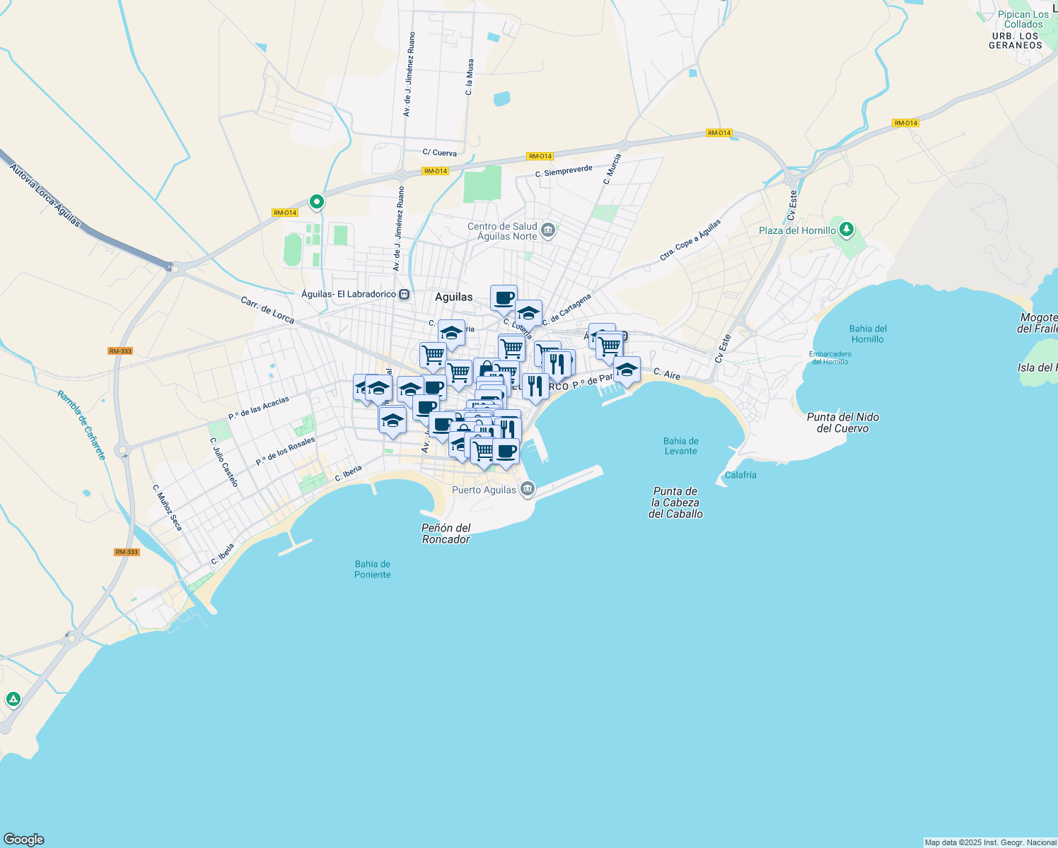 map of restaurants, bars, coffee shops, grocery stores, and more near N2 Paseo de Parra in Águilas