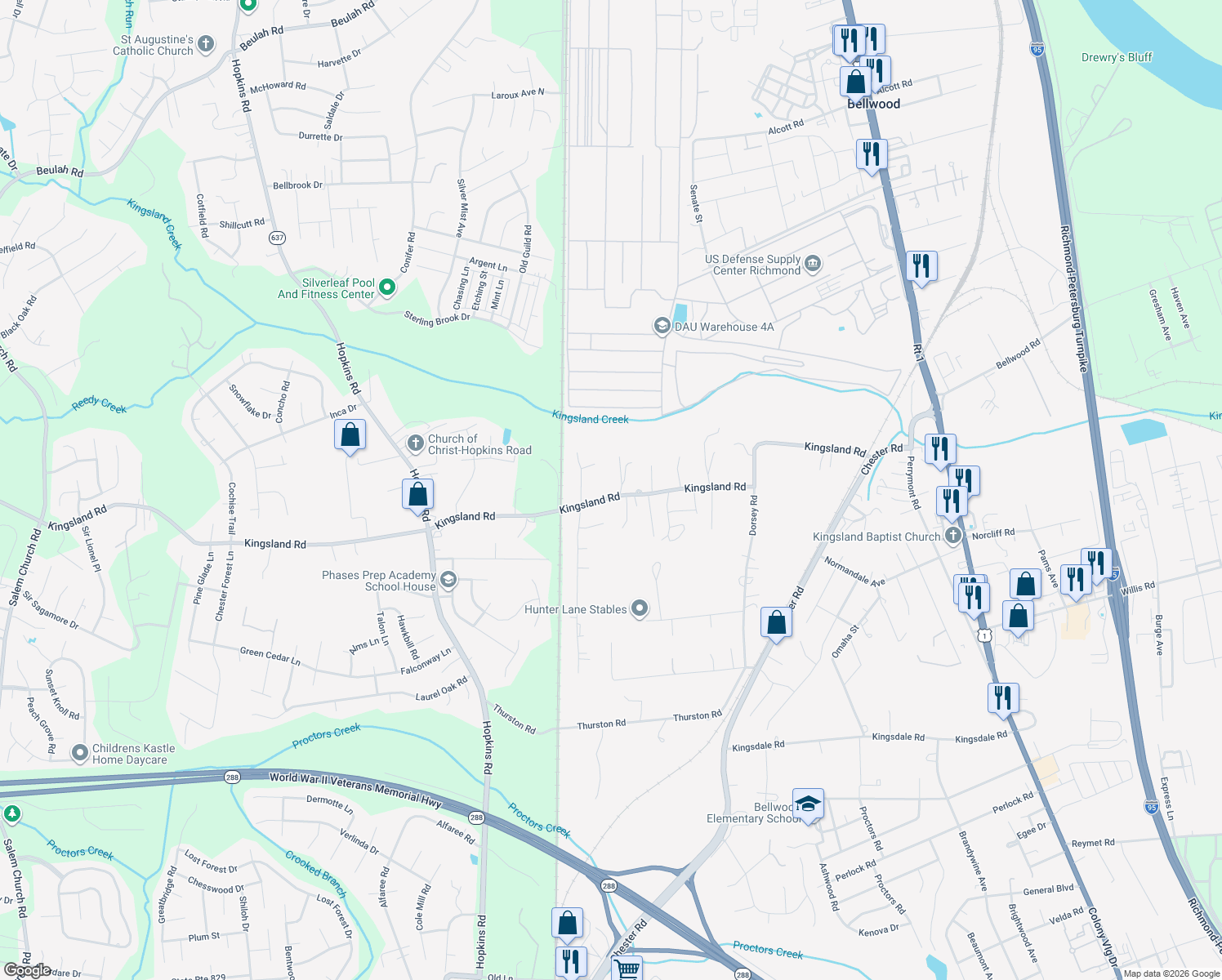 map of restaurants, bars, coffee shops, grocery stores, and more near 3500 Kingsland Road in Richmond