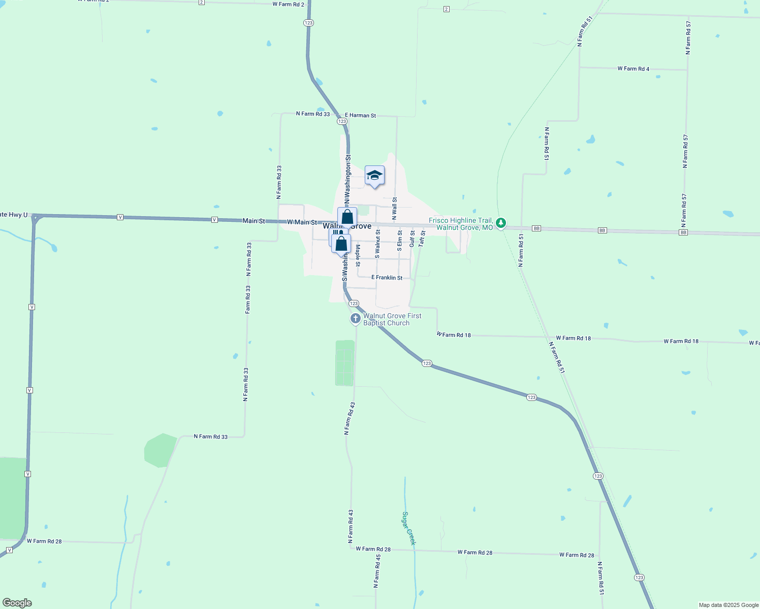 map of restaurants, bars, coffee shops, grocery stores, and more near 514 S Walnut St in Walnut Grove