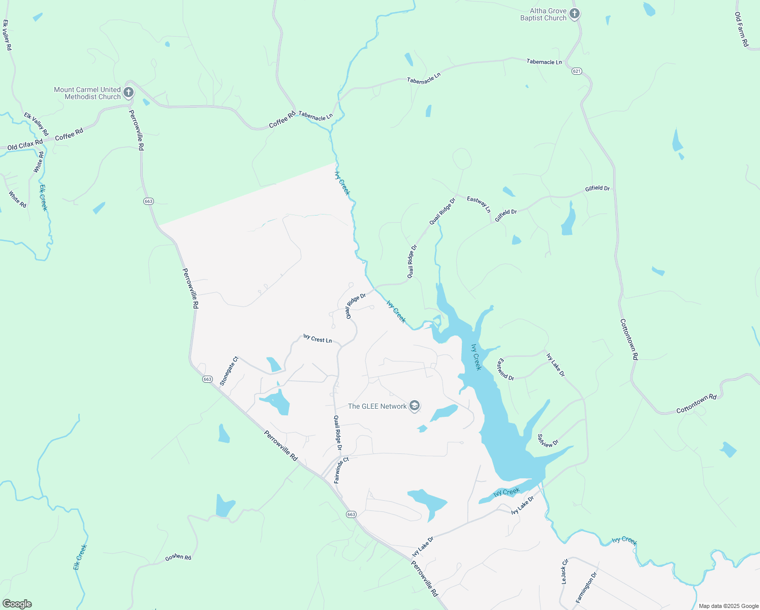map of restaurants, bars, coffee shops, grocery stores, and more near 310 Quail Meadows Drive in Forest