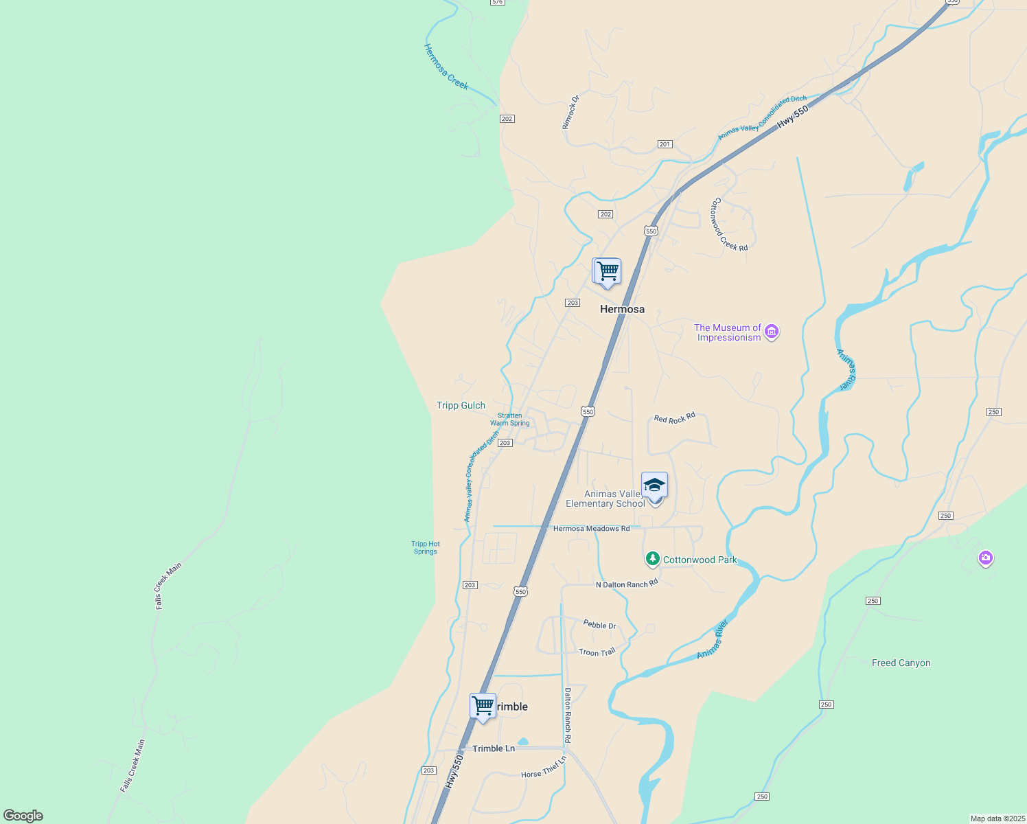 map of restaurants, bars, coffee shops, grocery stores, and more near 7555 County Road 203 in Durango