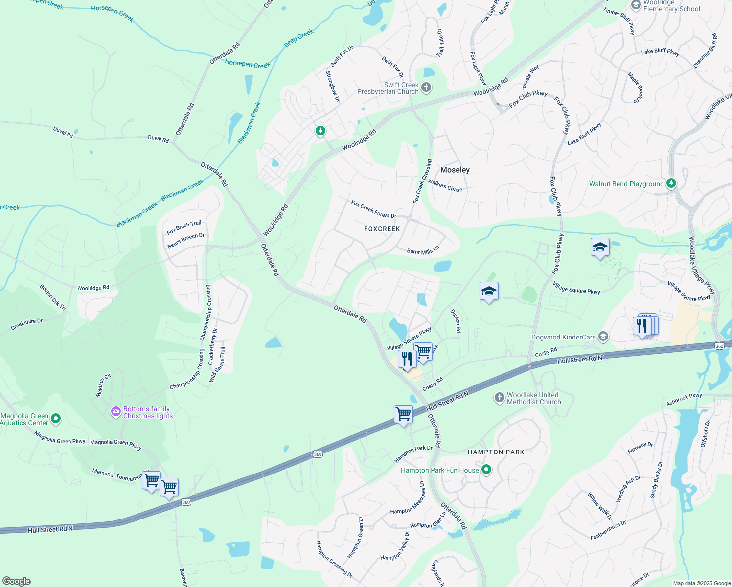 map of restaurants, bars, coffee shops, grocery stores, and more near 16025 Hidden Sedge Court in Moseley