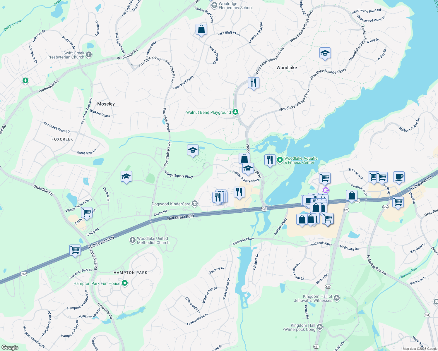 map of restaurants, bars, coffee shops, grocery stores, and more near 6701 Manor Gate Dr in Midlothian