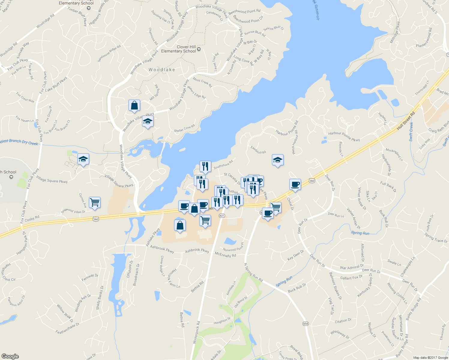 map of restaurants, bars, coffee shops, grocery stores, and more near 14018 Saint Regina Court in Midlothian