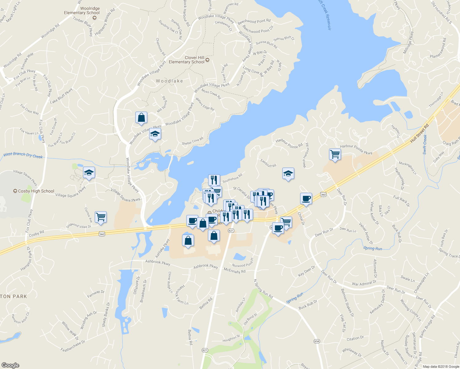 map of restaurants, bars, coffee shops, grocery stores, and more near 6507 Southshore Drive in Midlothian