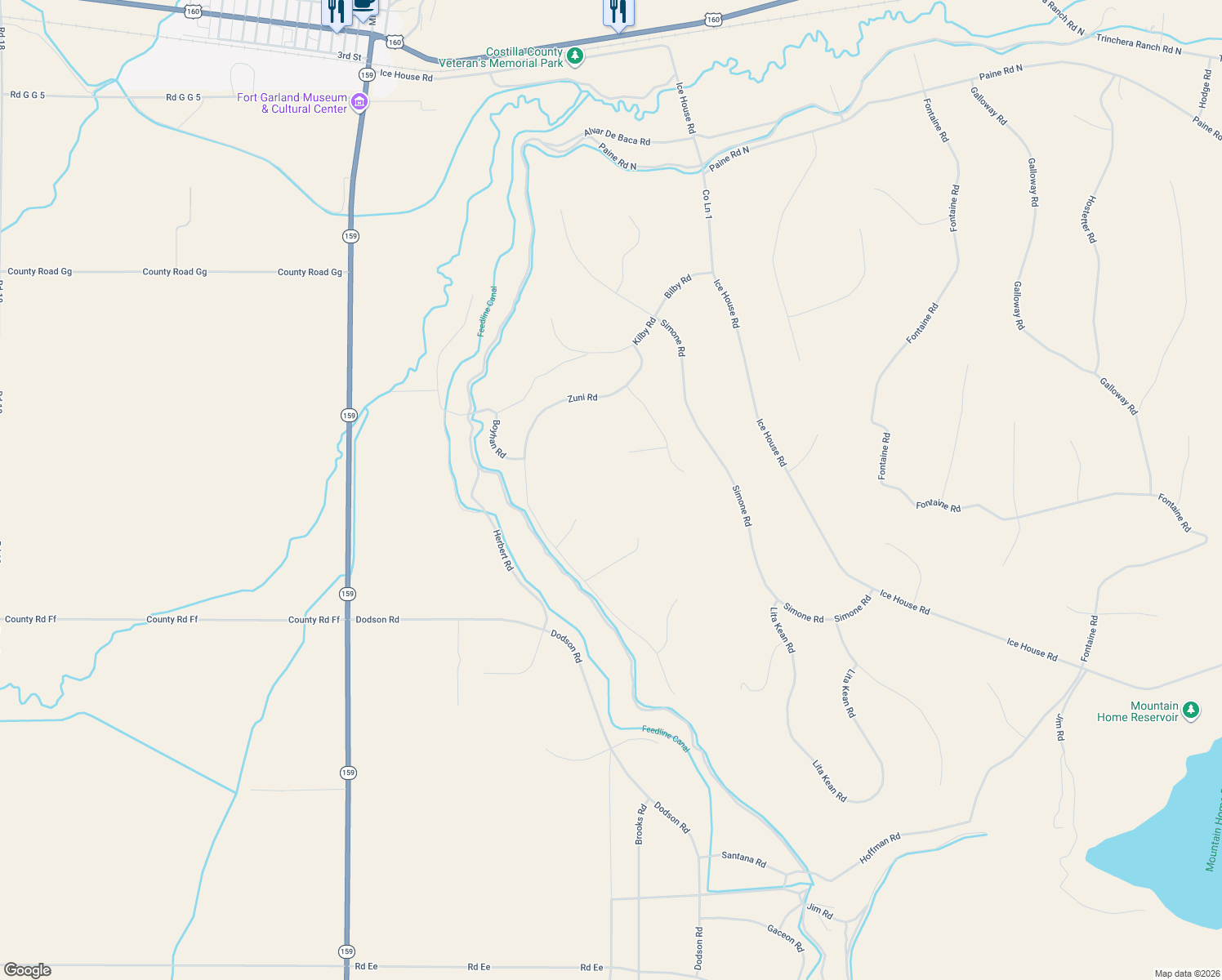 map of restaurants, bars, coffee shops, grocery stores, and more near 2587 Bonner Road in Fort Garland