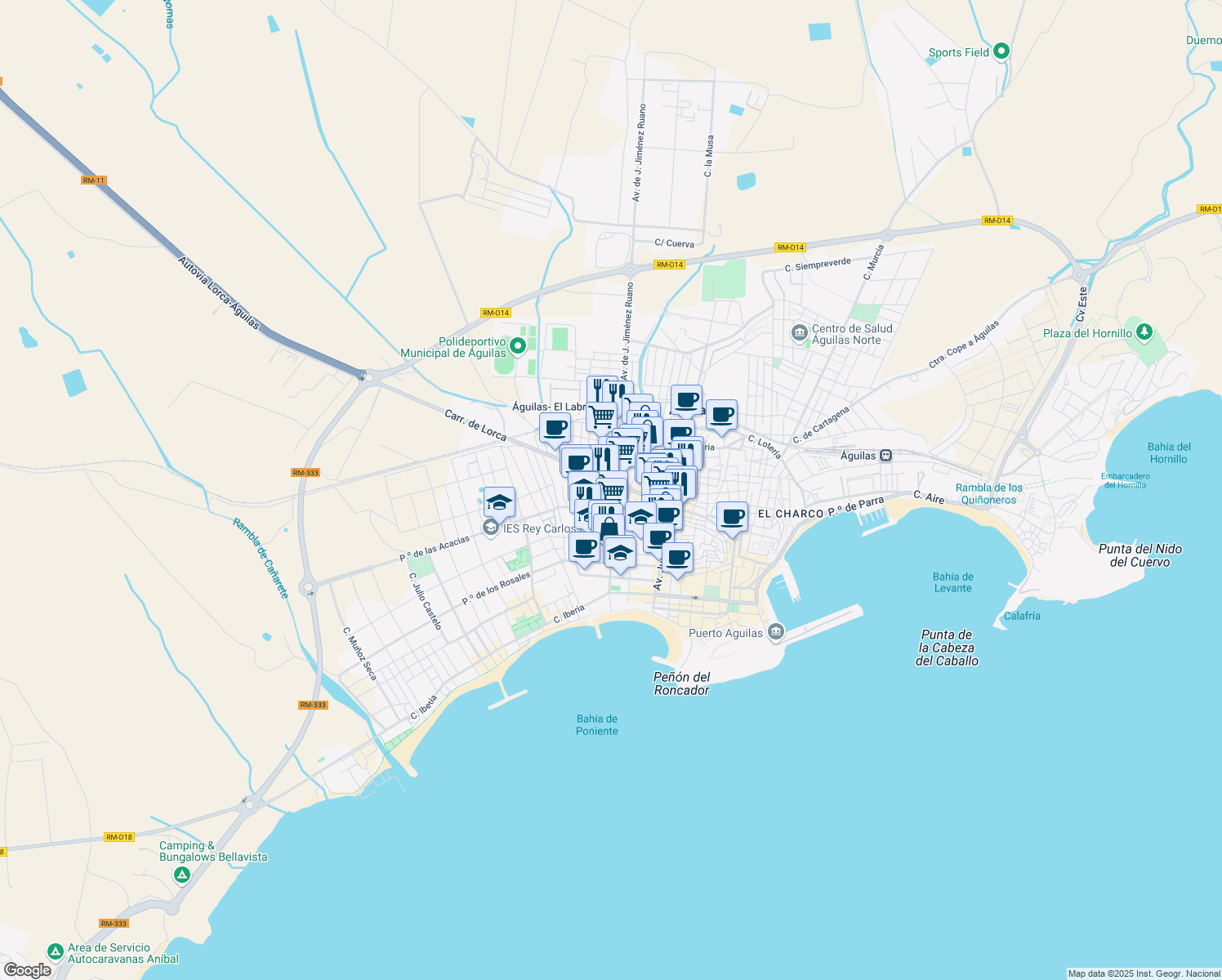 map of restaurants, bars, coffee shops, grocery stores, and more near 30 Calle Francisco Díaz Romero in Águilas