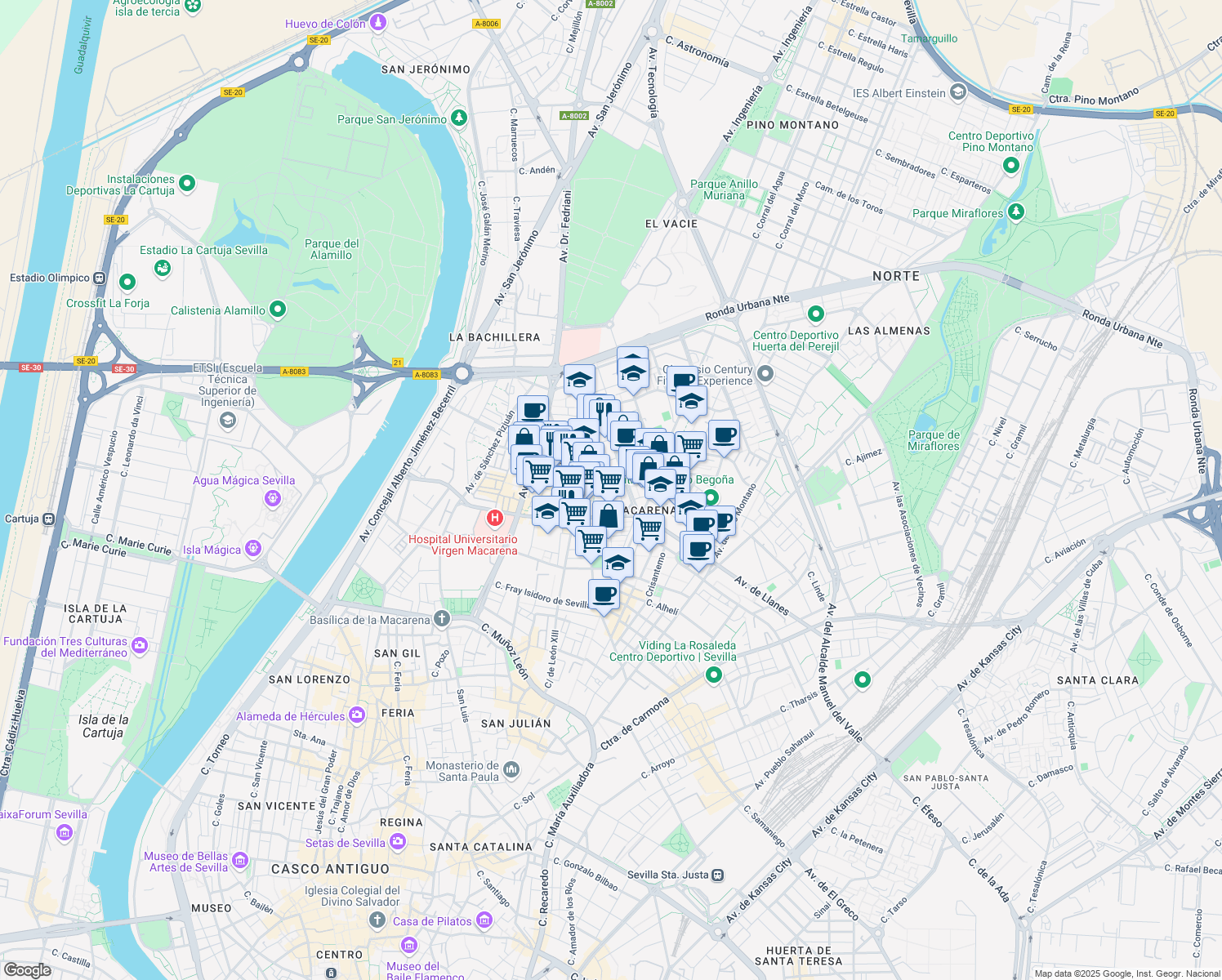 map of restaurants, bars, coffee shops, grocery stores, and more near 12 Calle Mar Rojo in Sevilla