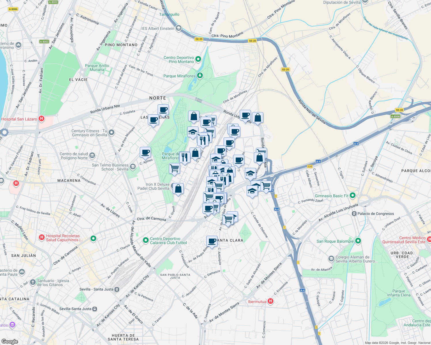map of restaurants, bars, coffee shops, grocery stores, and more near 81 Calle Cobre in Sevilla