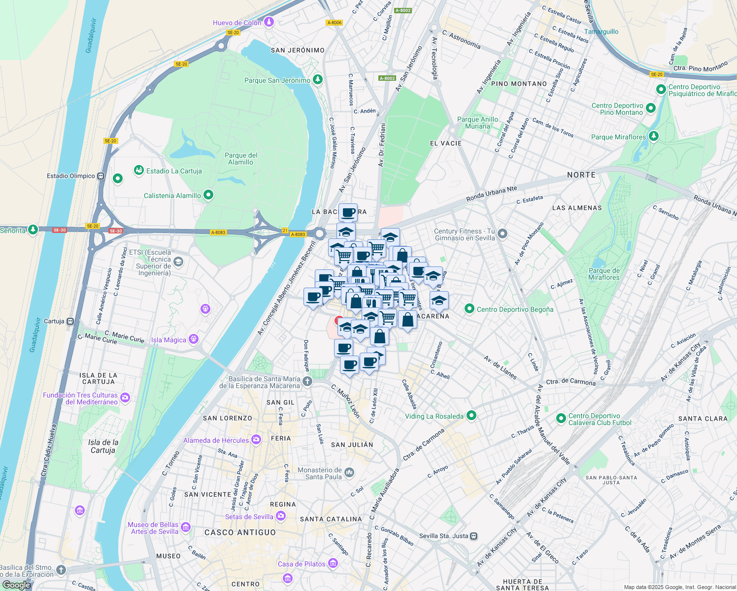 map of restaurants, bars, coffee shops, grocery stores, and more near Calle Playa de la Antilla in Sevilla