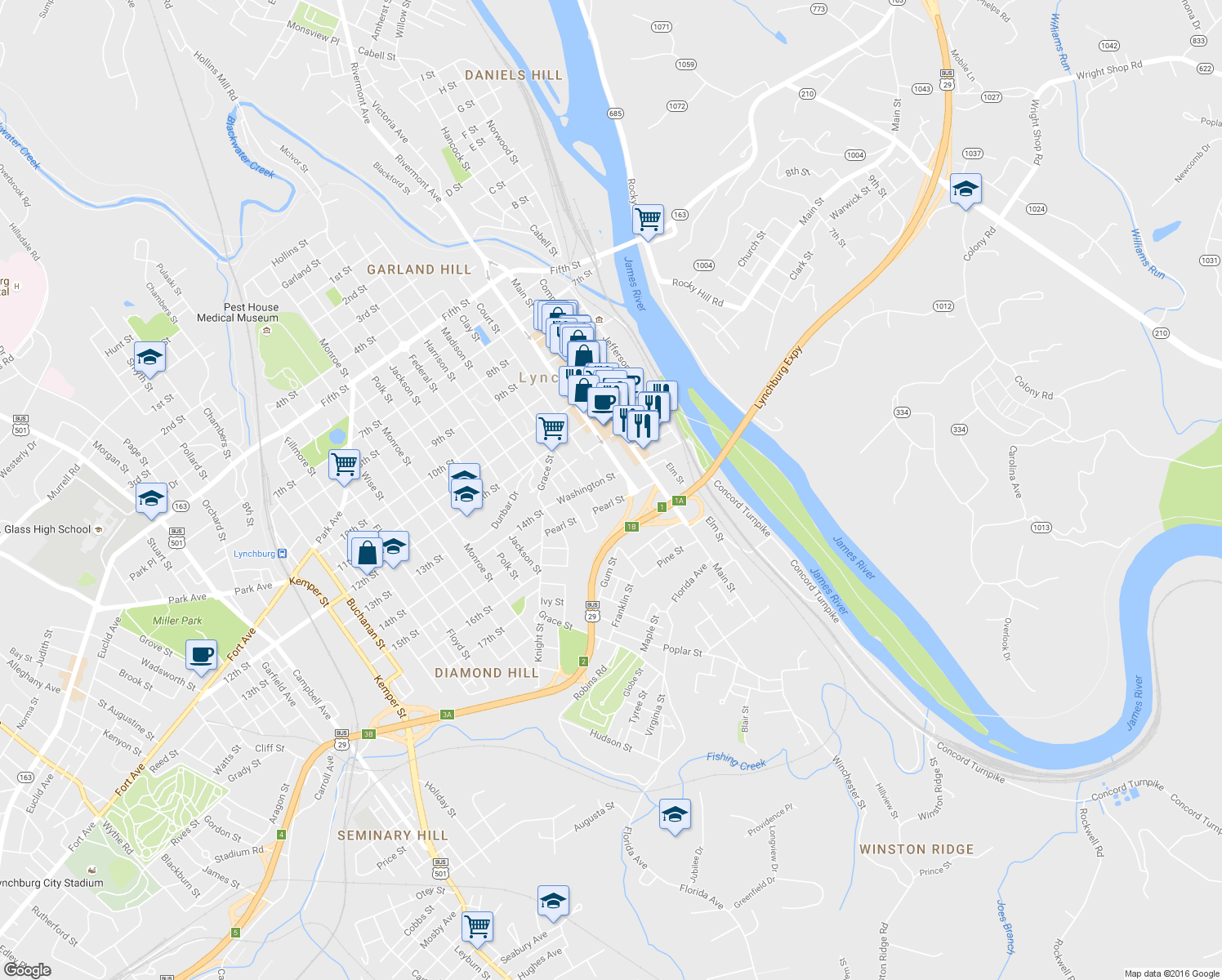 map of restaurants, bars, coffee shops, grocery stores, and more near 316 Washington Street in Lynchburg