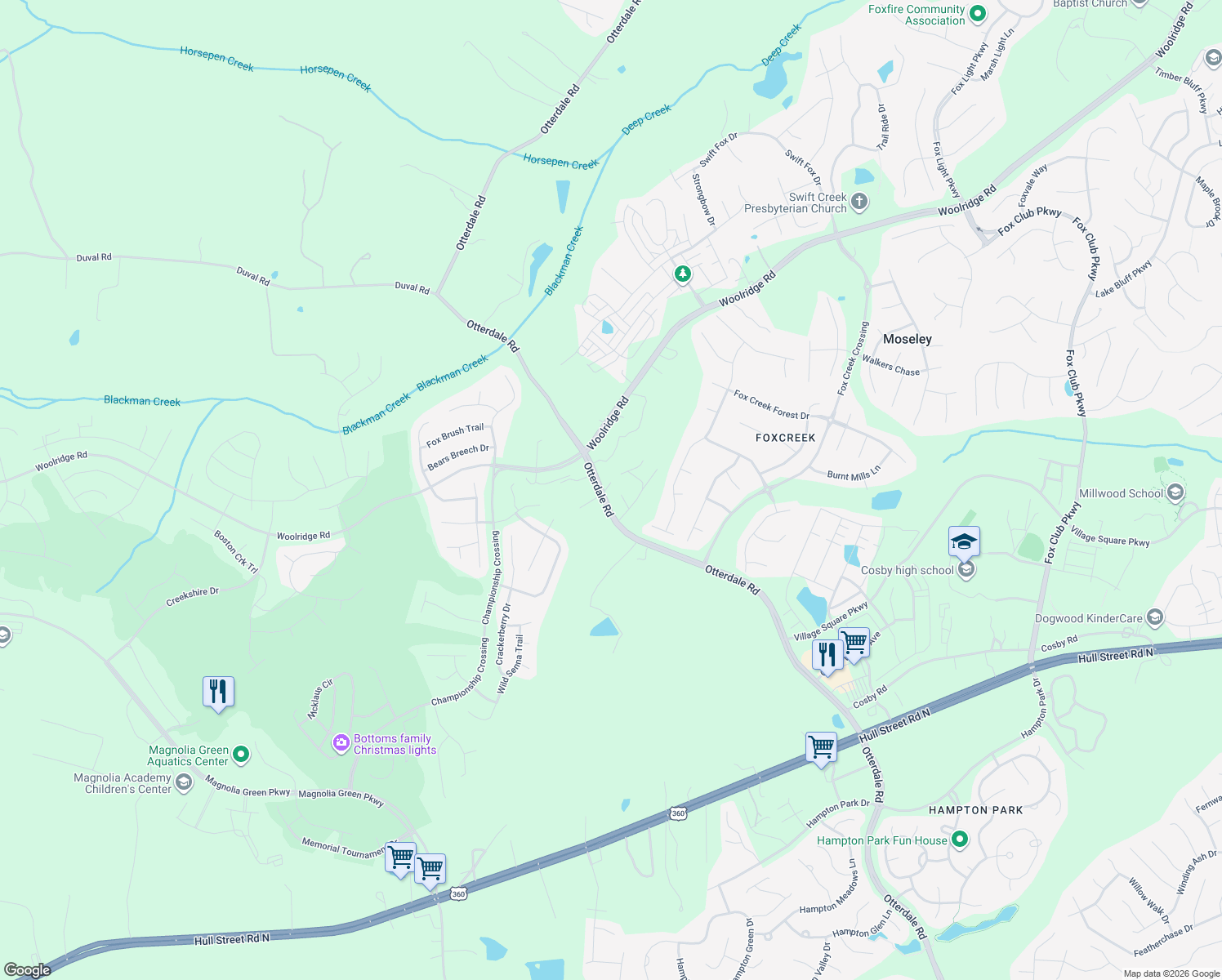 map of restaurants, bars, coffee shops, grocery stores, and more near 6811 Otterdale Rd in Moseley