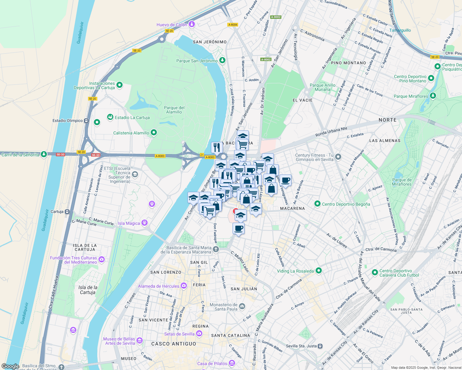 map of restaurants, bars, coffee shops, grocery stores, and more near 2A Calle Fedra in Sevilla