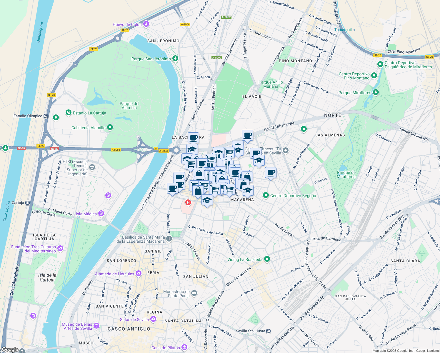 map of restaurants, bars, coffee shops, grocery stores, and more near 2A Calle Niña de la Alfalfa in Sevilla