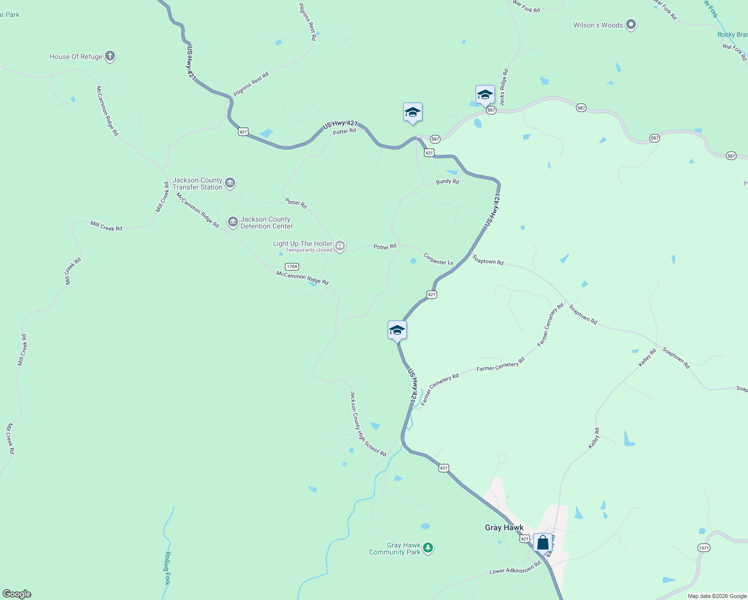map of restaurants, bars, coffee shops, grocery stores, and more near Jackson County High School Road in McKee