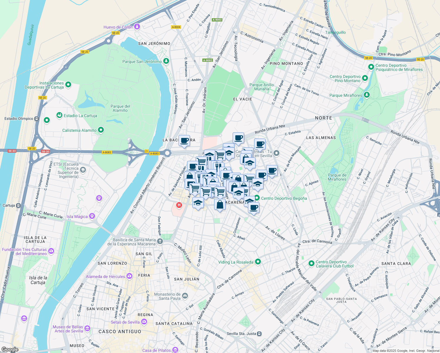 map of restaurants, bars, coffee shops, grocery stores, and more near Avenida Trabajadores Inmigrantes in Sevilla