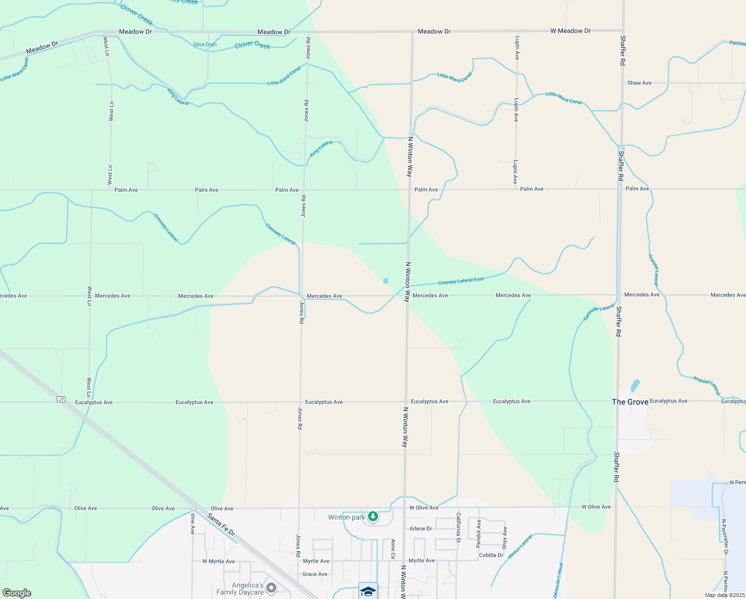 map of restaurants, bars, coffee shops, grocery stores, and more near 7165 Mercedes Avenue in Winton