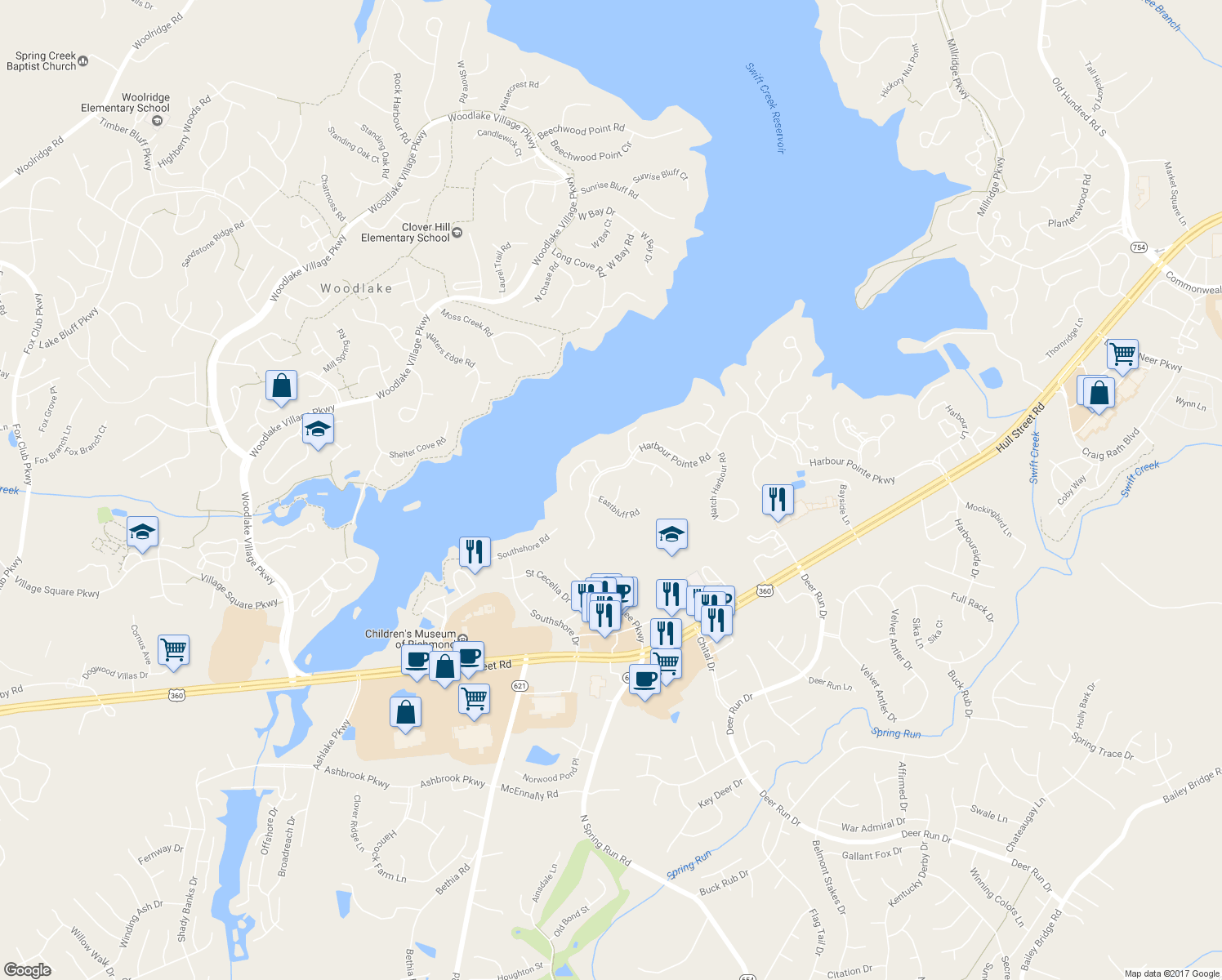 map of restaurants, bars, coffee shops, grocery stores, and more near 5908 Eastbluff Court in Midlothian