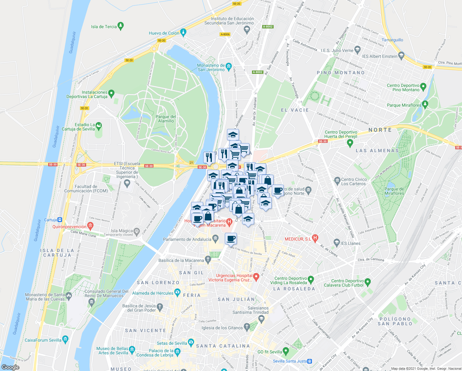 map of restaurants, bars, coffee shops, grocery stores, and more near Calle Cueva de la Mora in Sevilla