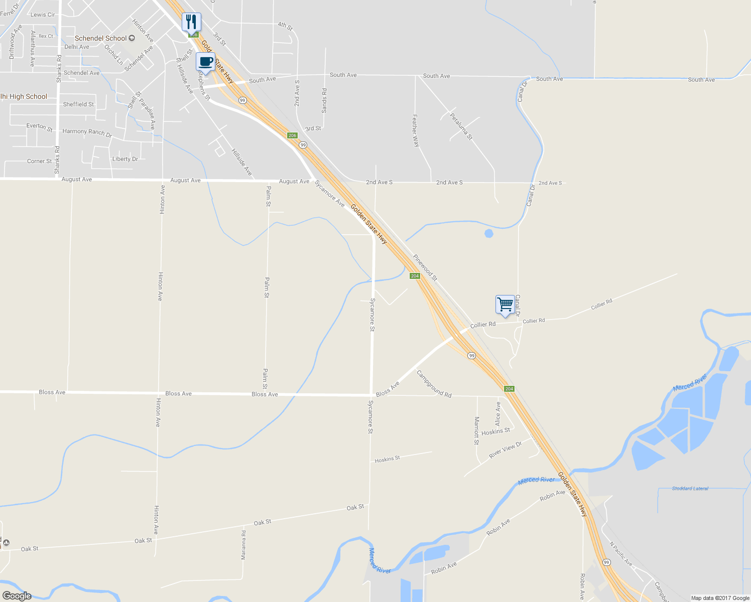 map of restaurants, bars, coffee shops, grocery stores, and more near 8450 Sycamore Street in Delhi