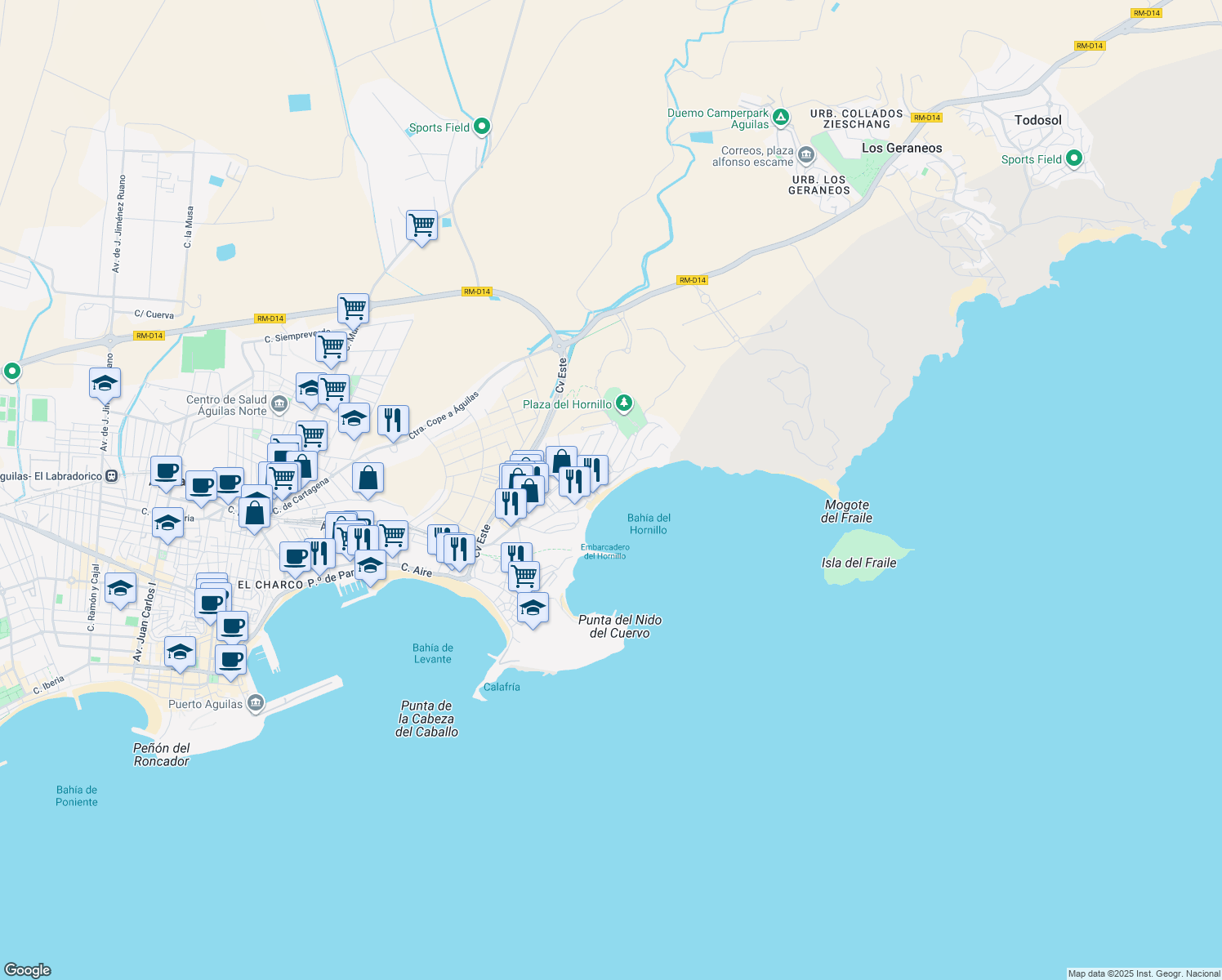 map of restaurants, bars, coffee shops, grocery stores, and more near 2D Calle Juan Goytisolo in Águilas