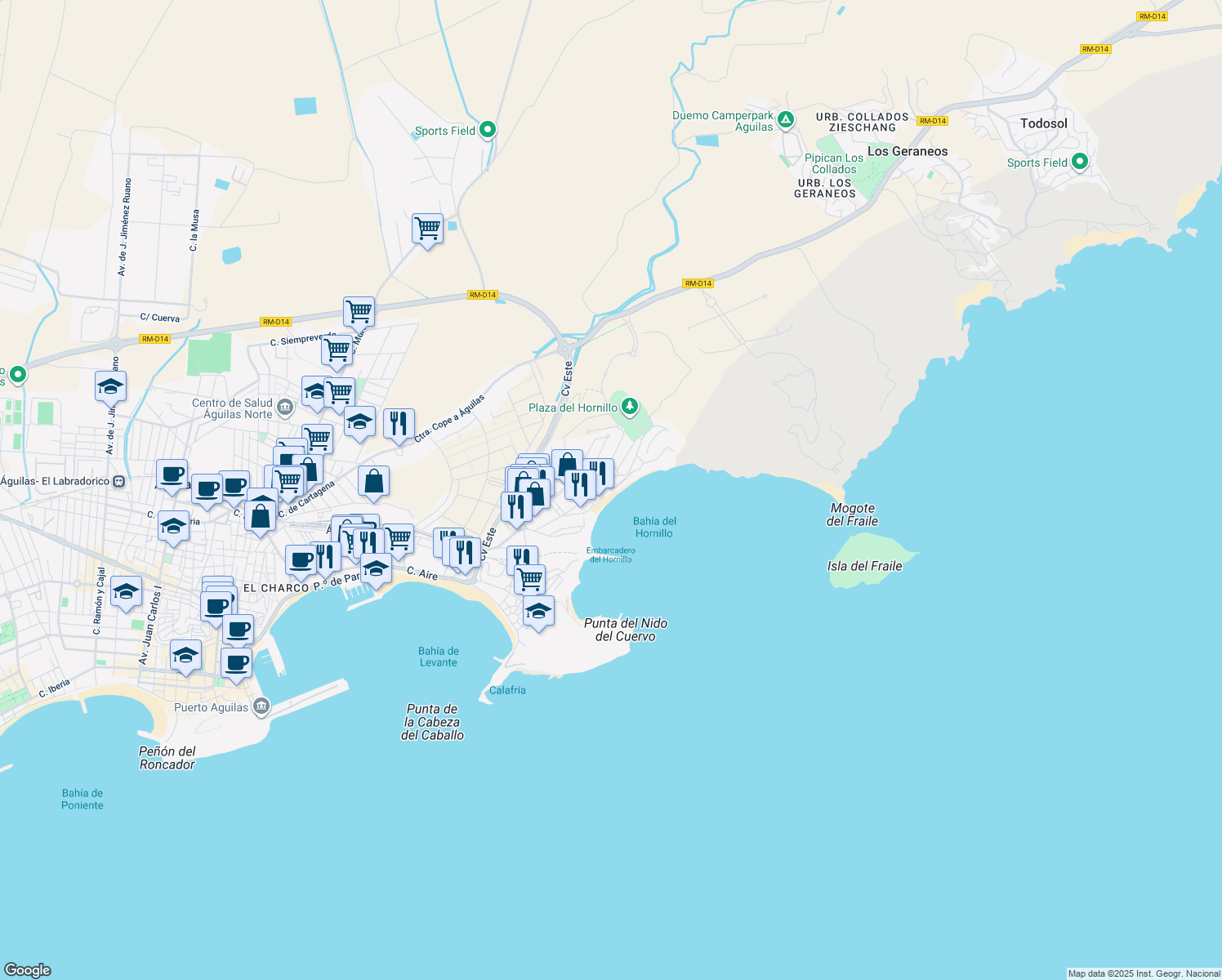 map of restaurants, bars, coffee shops, grocery stores, and more near 2D Calle Juan Goytisolo in Águilas