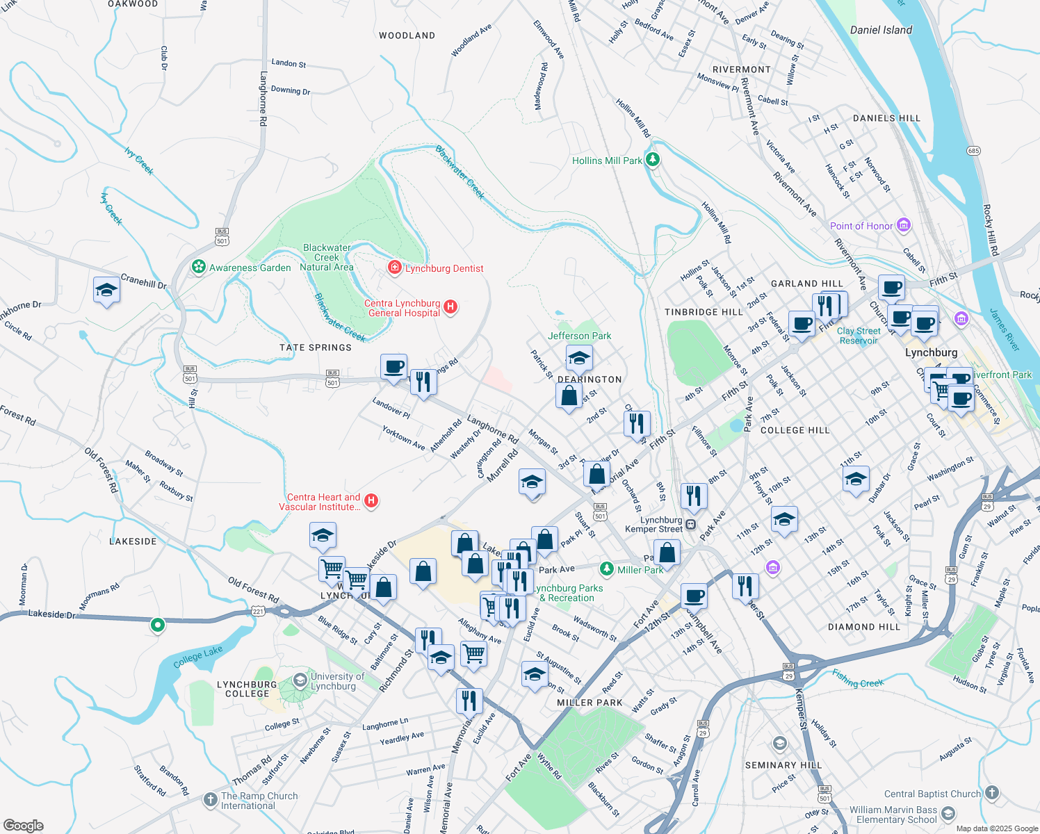 map of restaurants, bars, coffee shops, grocery stores, and more near 112 Morgan Street in Lynchburg