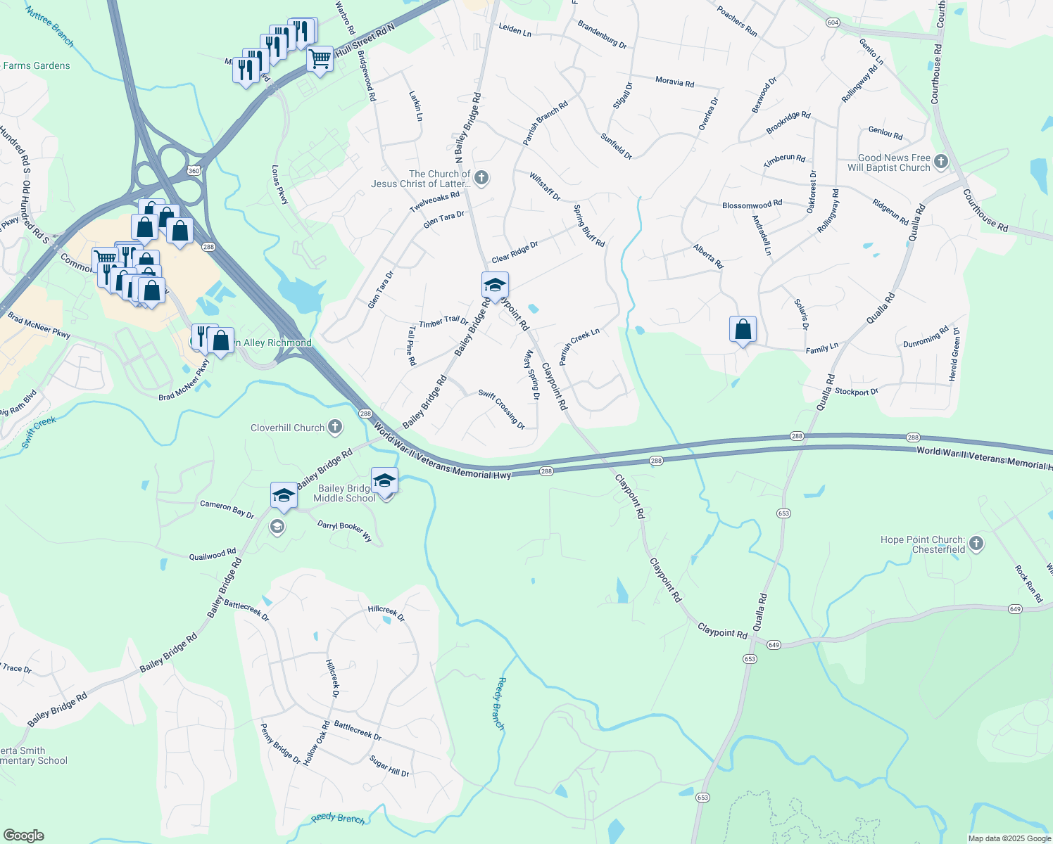 map of restaurants, bars, coffee shops, grocery stores, and more near 11906 Swift Crossing Drive in Midlothian