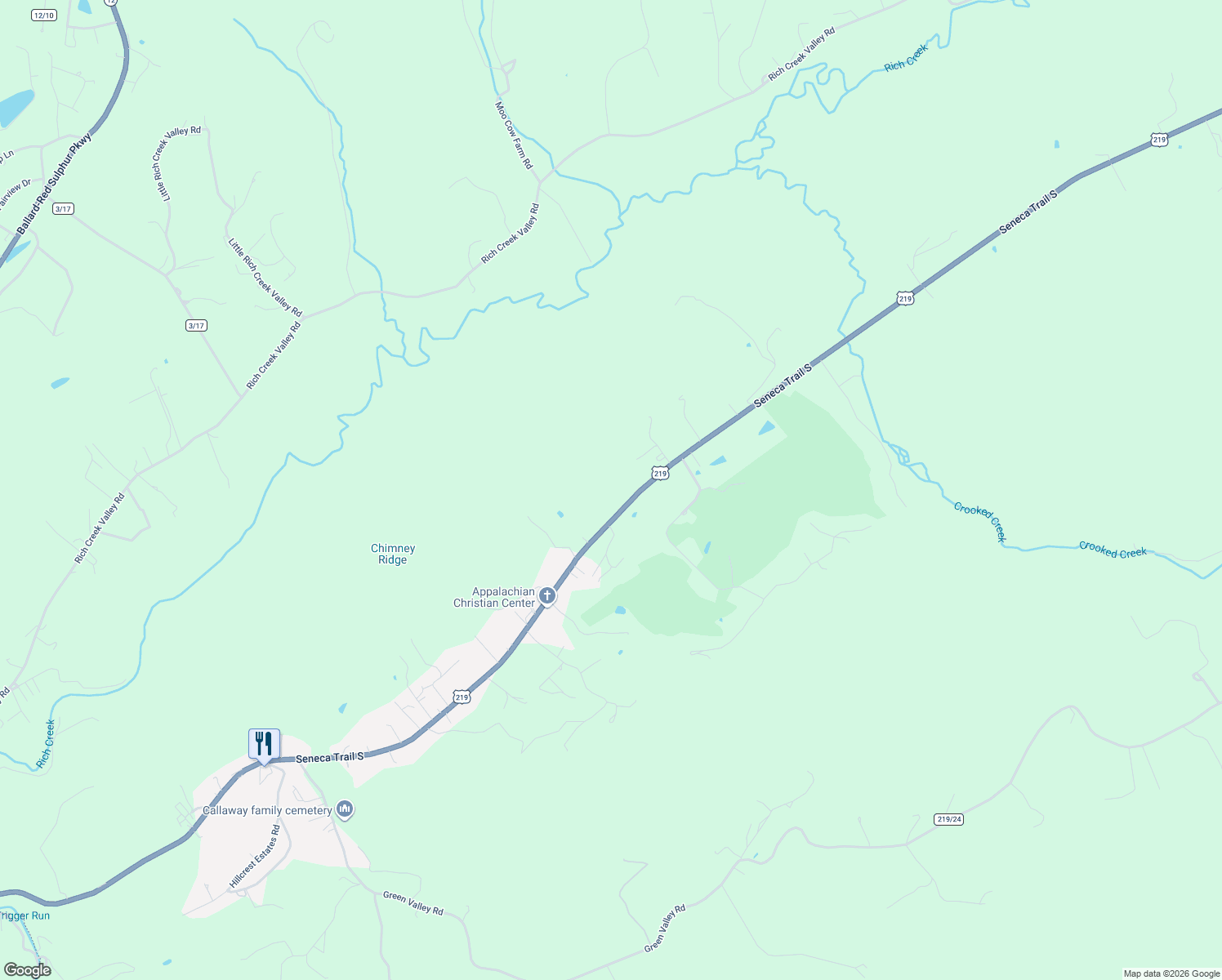 map of restaurants, bars, coffee shops, grocery stores, and more near 3115 Seneca Trail South in Peterstown