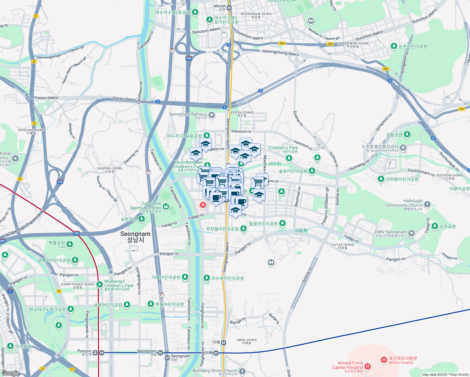 map of restaurants, bars, coffee shops, grocery stores, and more near in Seongnam-si
