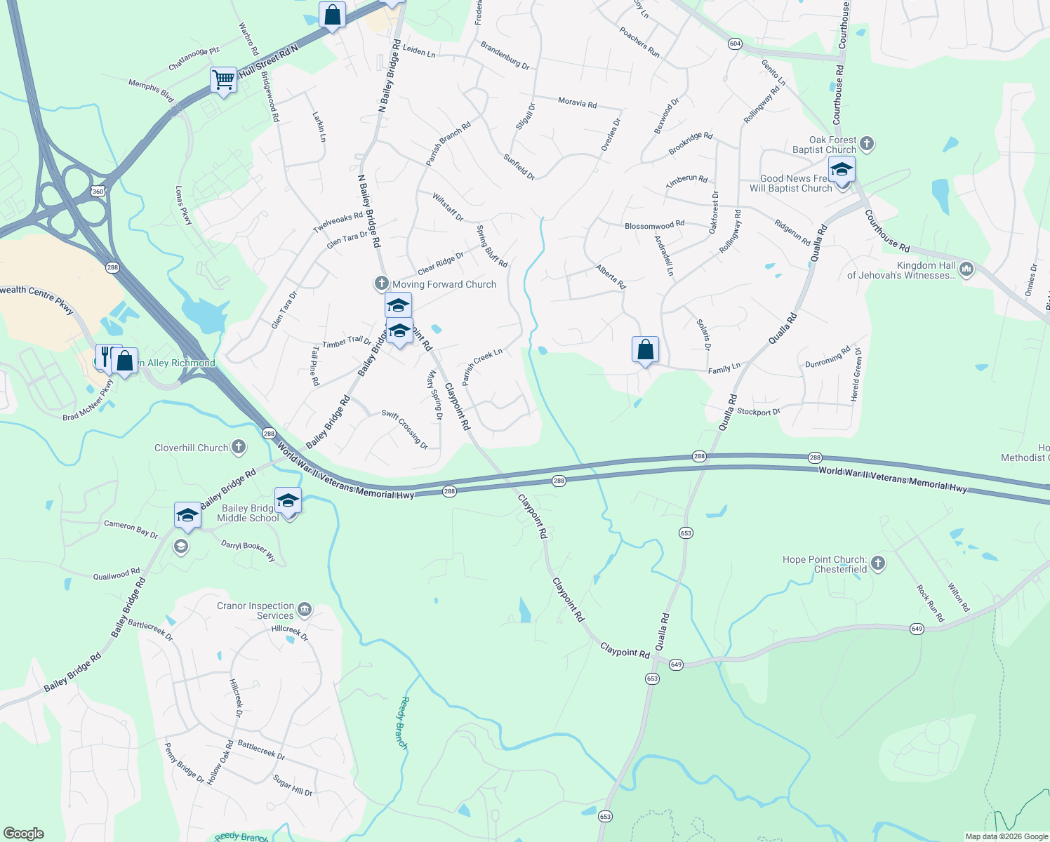 map of restaurants, bars, coffee shops, grocery stores, and more near 11830 Parrish Creek Lane in Chesterfield