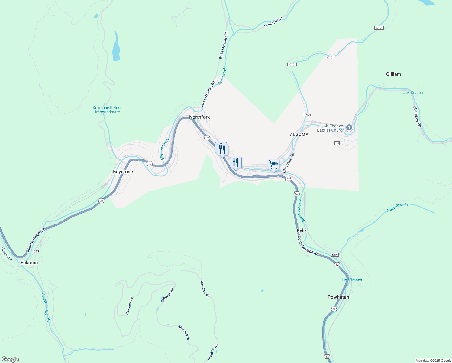 map of restaurants, bars, coffee shops, grocery stores, and more near E Street in Northfork