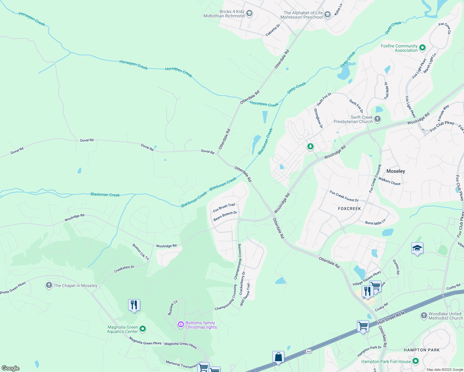 map of restaurants, bars, coffee shops, grocery stores, and more near 11612 Great Willow Dr in Moseley