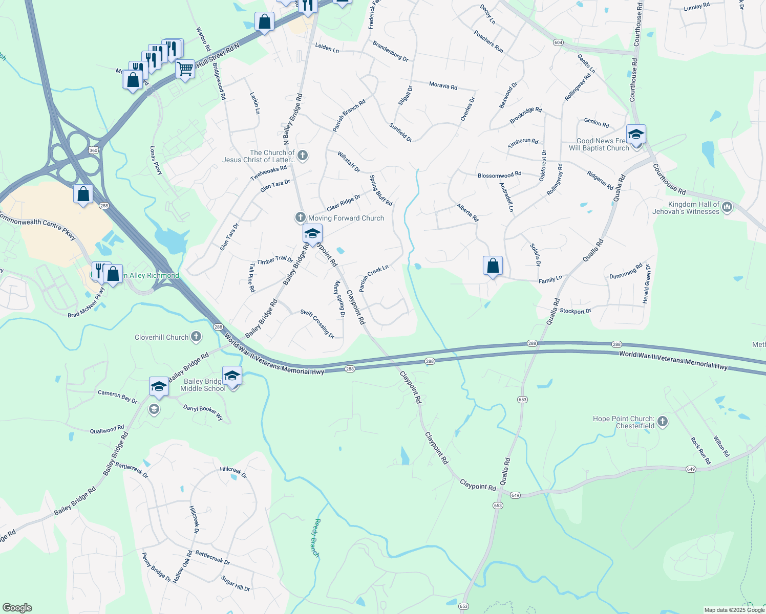map of restaurants, bars, coffee shops, grocery stores, and more near Clay Ridge Drive in Chesterfield