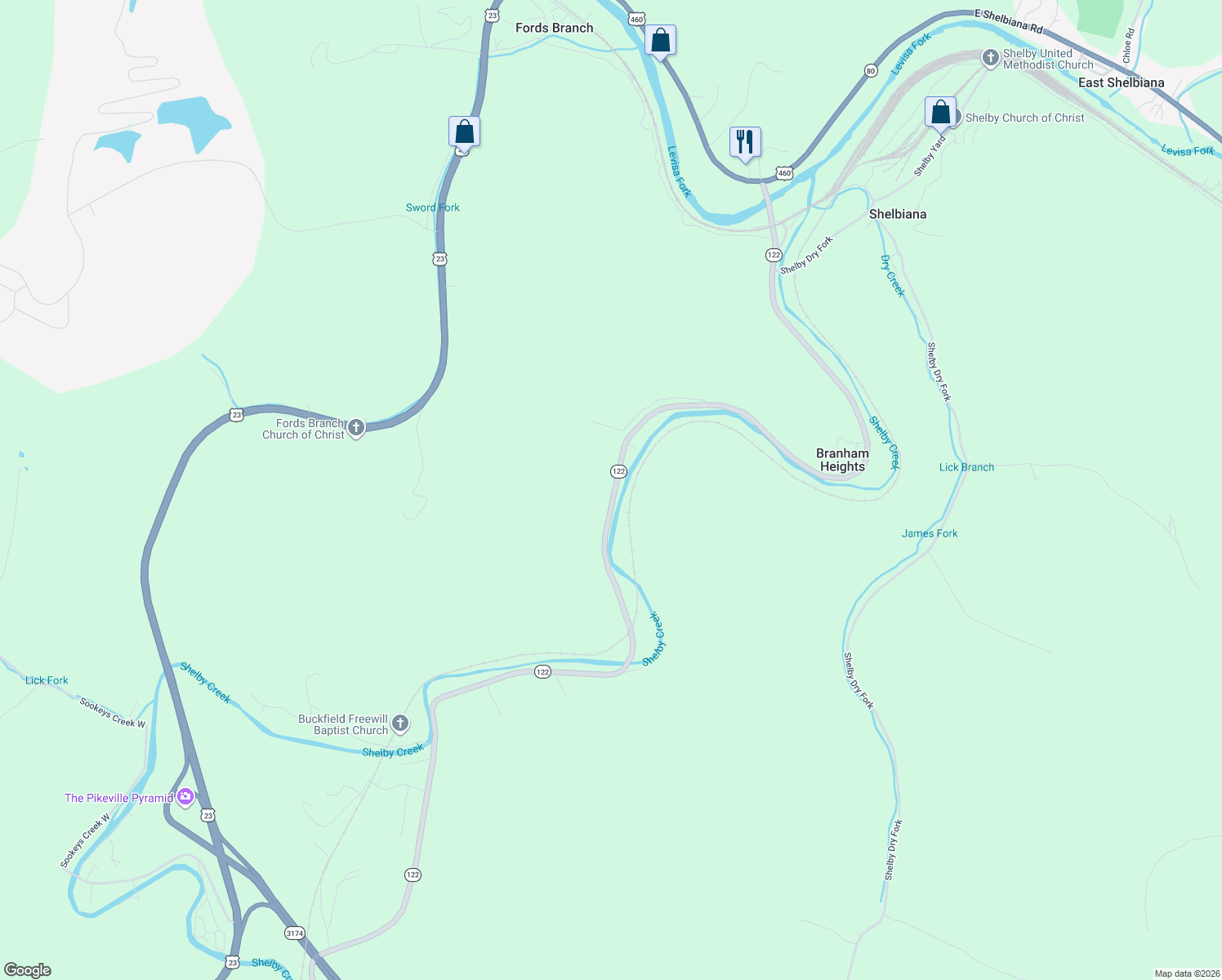 map of restaurants, bars, coffee shops, grocery stores, and more near 1726-1820 Collins Highway in Pikeville