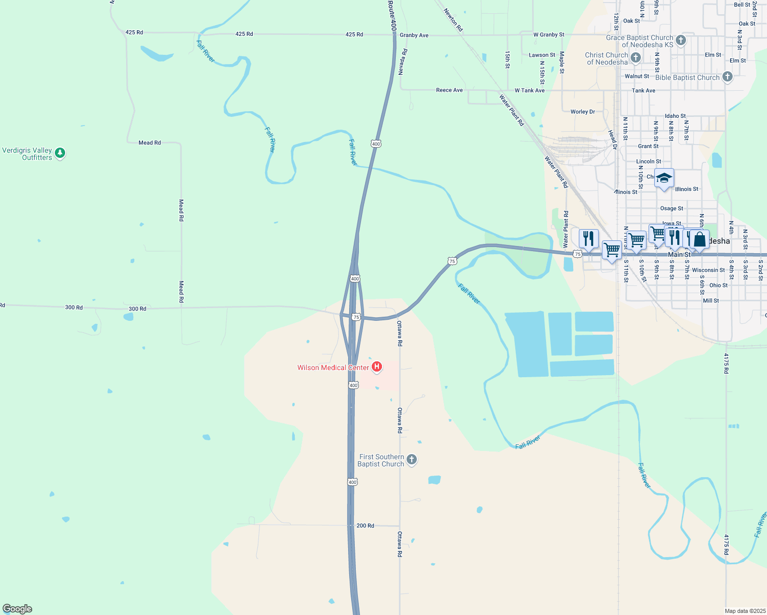 map of restaurants, bars, coffee shops, grocery stores, and more near 310 Road in Neodesha