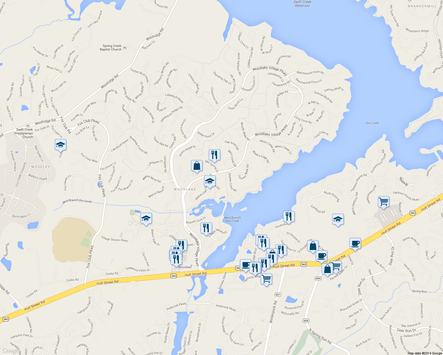 map of restaurants, bars, coffee shops, grocery stores, and more near 14600 Duck Cove Court in Midlothian