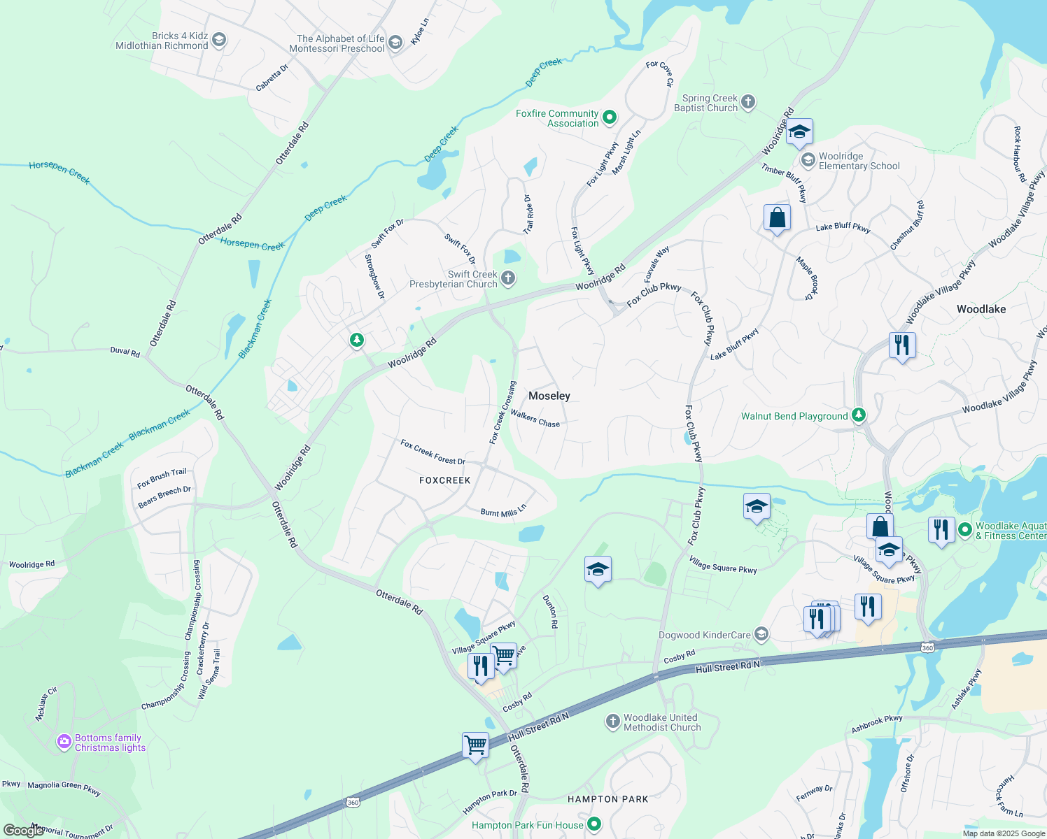 map of restaurants, bars, coffee shops, grocery stores, and more near 16007 Walkers Chase in Moseley