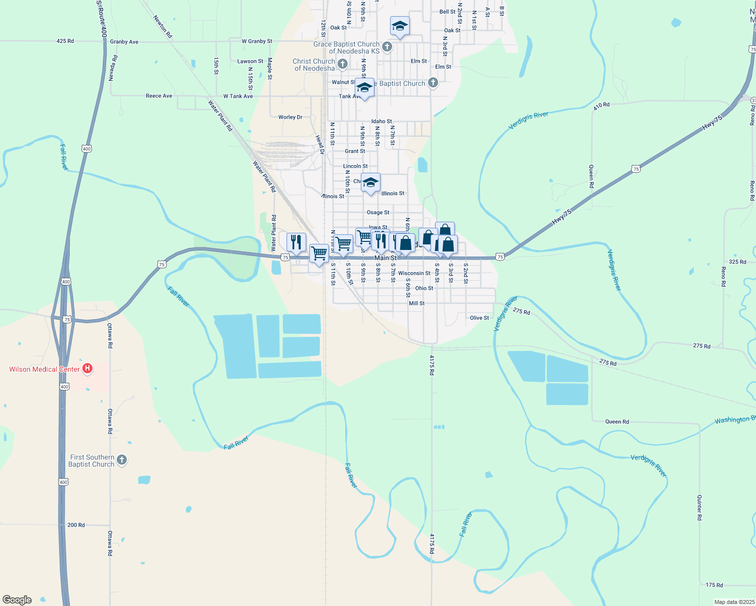 map of restaurants, bars, coffee shops, grocery stores, and more near 798 Mill St in Neodesha