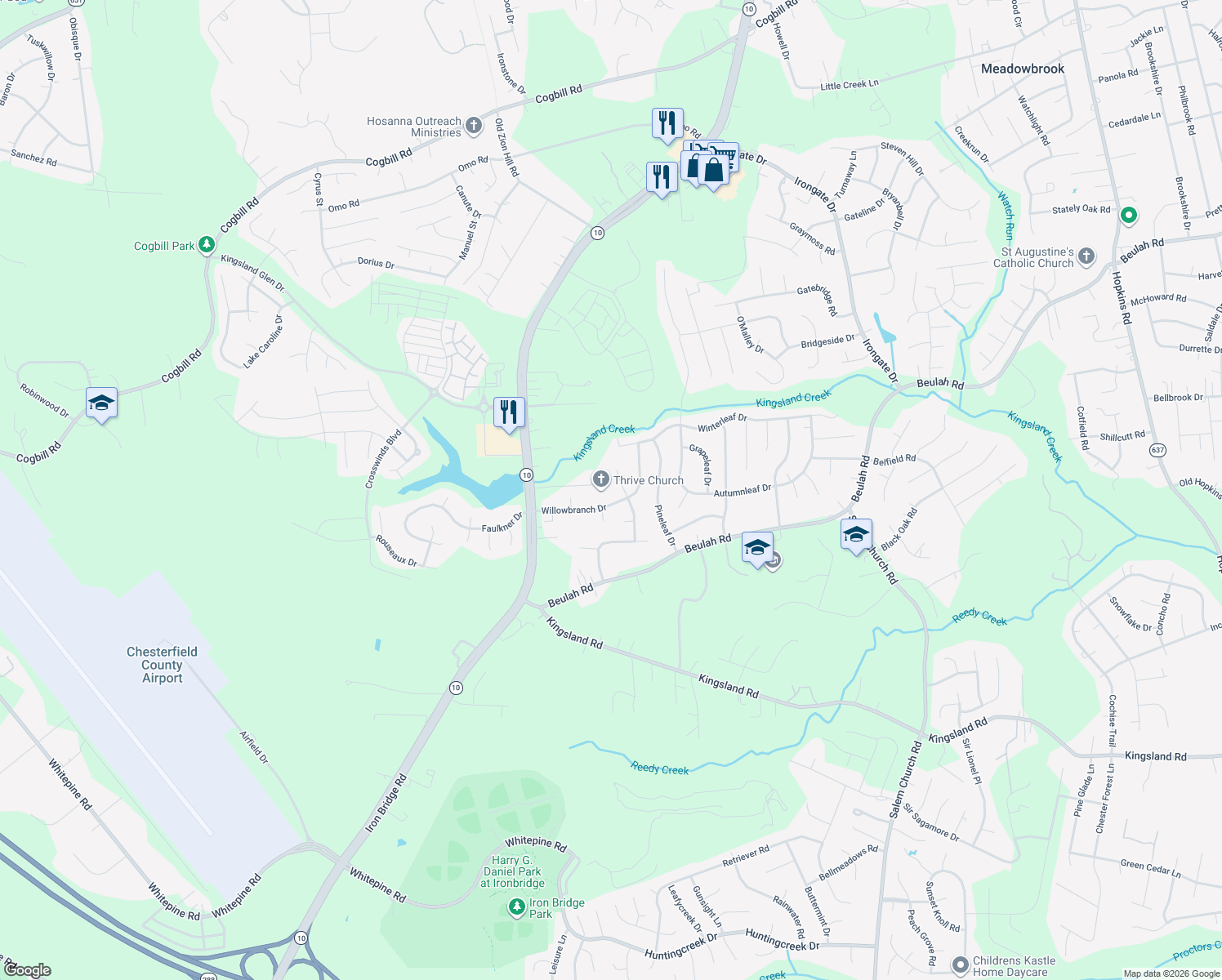 map of restaurants, bars, coffee shops, grocery stores, and more near 7205 Iron Bridge Rd in Richmond