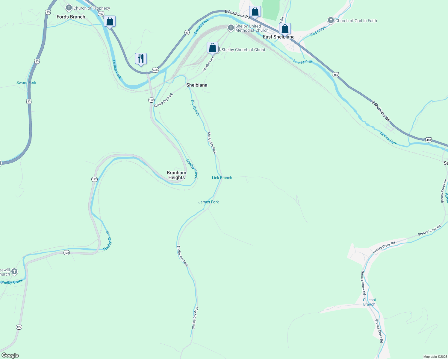 map of restaurants, bars, coffee shops, grocery stores, and more near 812 Shelby Dry Fork in Shelbiana