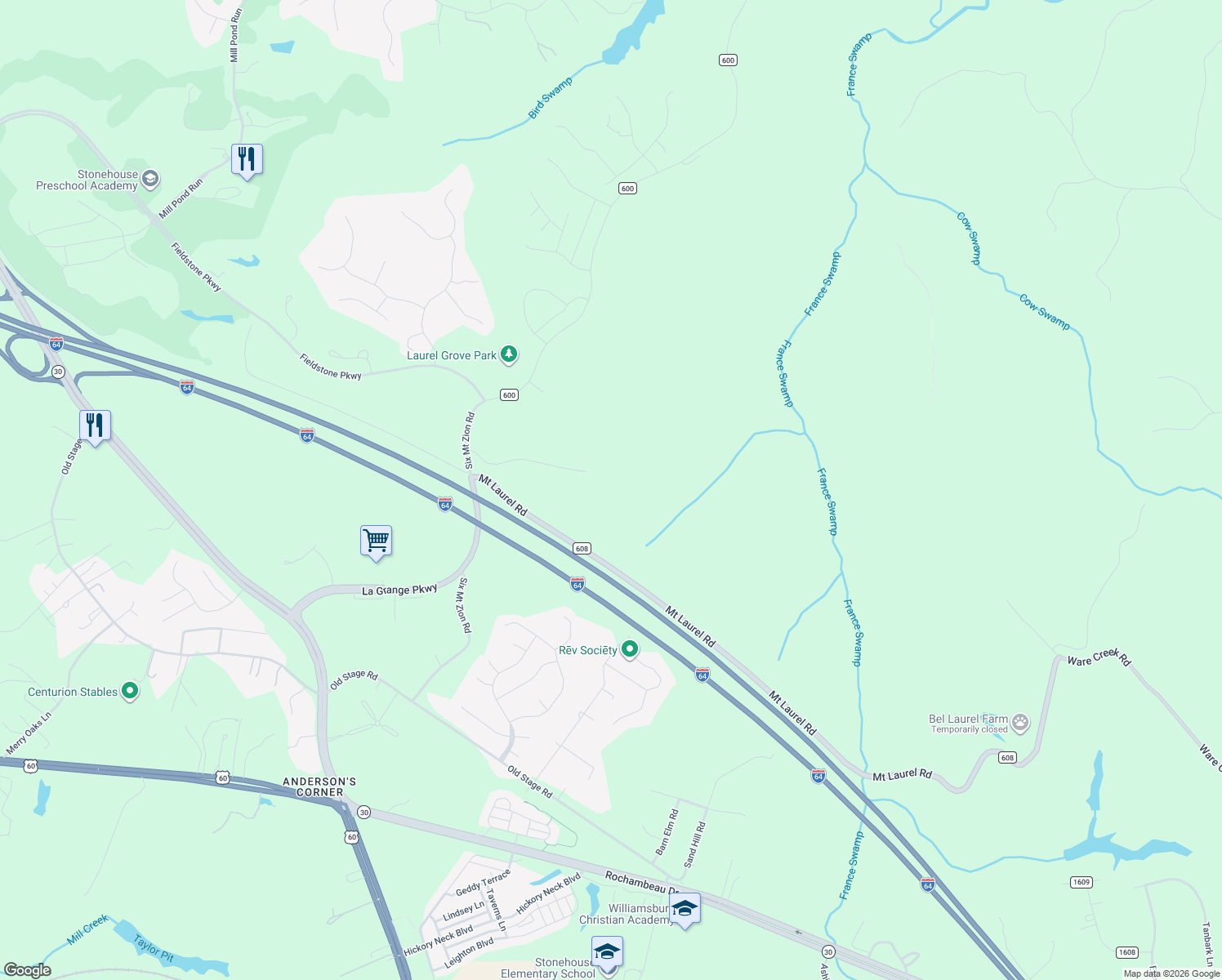 map of restaurants, bars, coffee shops, grocery stores, and more near 9100 6 Mount Zion Road in Toano